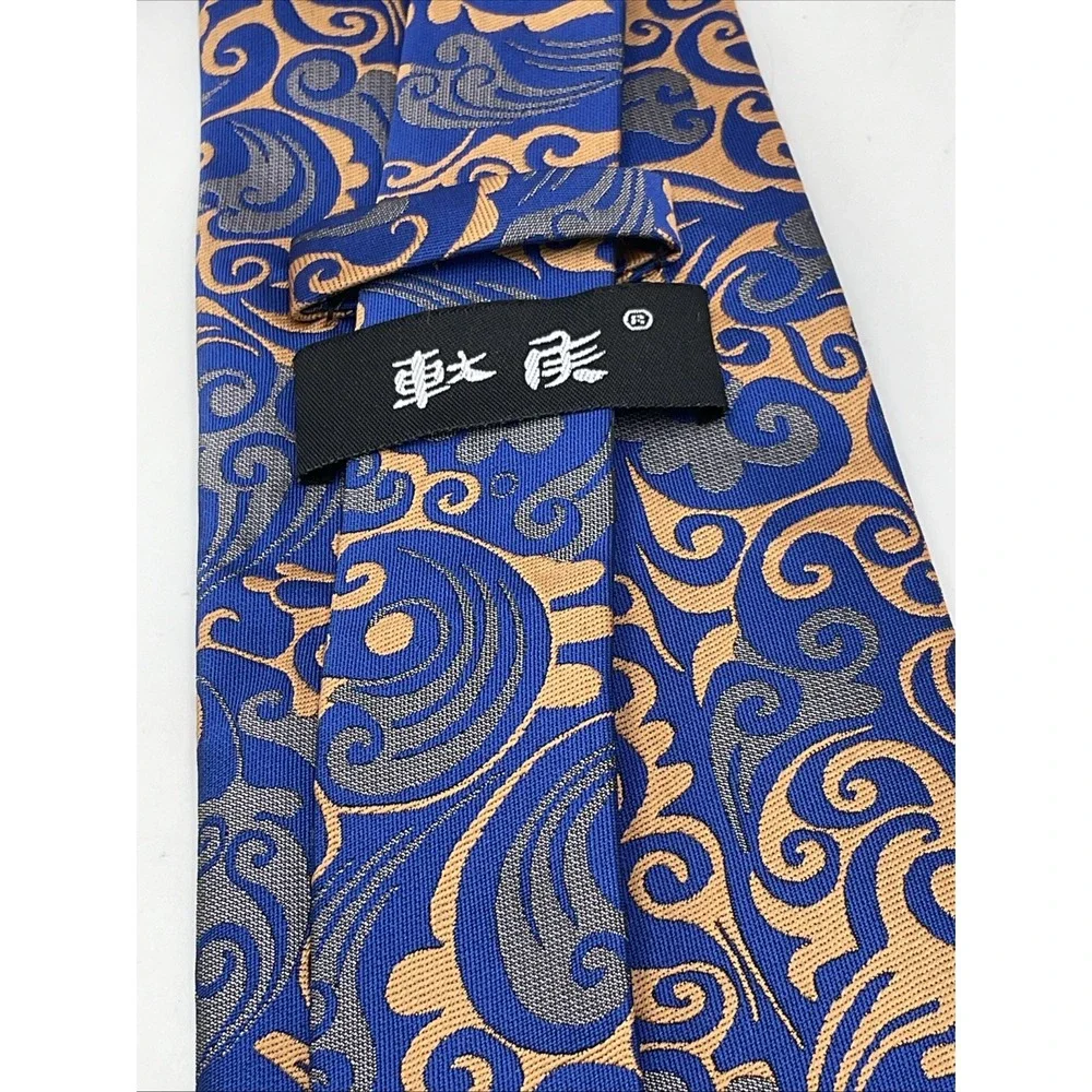New Japanese Silk Necktie Men's Blue & Bronze Jacquard Floral Paisley Print 57